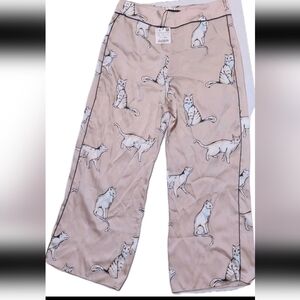 Zara Woman Blush Cat-Print Wide Leg Light Weight Satin Pants Large